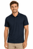A navy blue polo shirt on a model, featuring a collar and a branded logo.