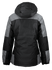 A women's jacket featuring a hood, primarily black with grey accents, showcasing a modern design.