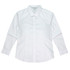 A long sleeve button-up shirt in white, featuring a collar and a branded logo.