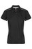 A black polo shirt with a collared neck and white detailing, featuring buttons and a logo.