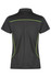 A black polo shirt with contrasting green accents and a logo. Designed for women's fit.