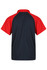 A red and navy polo shirt with a mesh design and a branding logo on the back.