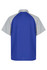A polo shirt featuring a blue body with light grey sleeves, designed for kids. Includes a logo on the back.