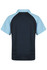 A polo shirt featuring a black body with light blue sleeves, designed for children. It has a logo on the back.