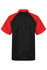 A polo shirt featuring a black body with red sleeves and a collar, designed for children.