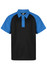 A black and blue polo shirt featuring a collar and short sleeves, with a logo on the label.