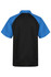 A black and blue polo shirt featuring a short-sleeve design and a branded logo.