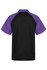 A black polo shirt with purple sleeves, featuring a logo on the back.