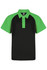 A polo shirt with a black body and green sleeves, featuring a collar and buttons, with a logo.