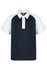 A navy and white polo shirt with a buttoned collar and a logo. Short sleeves and a sporty design.