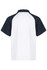 A polo shirt featuring a white body and navy blue sleeves, with a logo on the back.