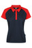 A polo shirt featuring a navy body and red sleeves, with a collar and button placket, plus a logo.