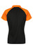 A polo shirt featuring a black body with orange sleeves and a logo on the back.