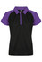 A black and purple polo shirt featuring a collar, short sleeves, and a logo on the collar.