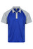 A blue and grey polo shirt with a logo, featuring a classic collar and short sleeves.