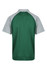 A green polo shirt with grey raglan sleeves, featuring a logo on the back.
