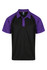 A black and purple polo shirt featuring a logo on the chest, designed for men.