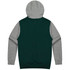 A hooded jumper featuring a green body and grey sleeves, with a double-lined hood and a logo.