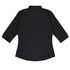 A black button-up shirt with 3/4 sleeves and a fitted design, featuring a back view. It includes a logo.