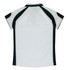 A white polo shirt with black detailing and a logo on the back. Short sleeves and a classic collar design.