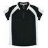 A black and white polo shirt with a collar and short sleeves. Features a logo on the front.