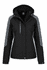 A black and grey jacket with a hood, featuring zip pockets and a logo. Suitable for various weather conditions.
