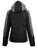 A black and grey jacket with a hood and a logo on the back. Suitable for various outdoor activities.