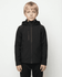 A black jacket featuring a zip front and hood, designed for kids, displayed on a child model.