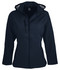 A navy blue soft shell jacket with a hood and zippered pockets, featuring a logo on the front.
