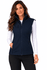 A woman models a navy blue work vest with multiple zippered pockets and a zipped front. The vest has a logo.