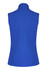 A blue women's vest featuring a high collar and a fitted design, with a branding logo on the back.