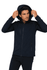 A man wearing a navy soft shell jacket with a hood, featuring zippered pockets and a fitted design.