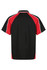 A black and red polo shirt featuring a textured design and a branding logo on the back.