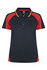 A navy polo shirt featuring red and yellow accents, with a collar and a logo on the chest.