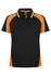 A black polo shirt with orange and white accents, featuring a collar and buttons, and a logo on the chest.