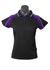 A black polo shirt with purple and white accents, featuring a branded logo on the front.