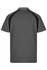 A grey polo shirt featuring black side panels and a logo. The back view showcases a simple design.
