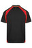 A black polo shirt with red and yellow accents and a logo on the back.