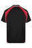 A black polo shirt with red and white accents, featuring a logo on the front.
