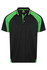 A black polo shirt with green accents and stripes, featuring a collar and a logo.