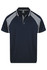 A navy blue polo shirt featuring grey accents and a logo on the chest.