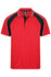A red polo shirt with black and white accents and a logo on the chest area.