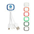A charging cable with three connectors (USB, Lightning, and micro USB) in white, featuring a logo and coloured accents.