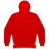 A red hoodie featuring a hood and contrasting side panels. Includes a logo on the back.
