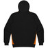 A black hoodie featuring orange accents on the sides and a hood. Includes a logo.