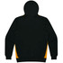 A black and yellow men's hoodie featuring a kangaroo pocket and a hood, with a logo on the front.
