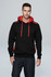 A black hoodie with red accents and drawstrings, featuring a logo on the front. Perfect for casual wear.