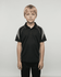 A polo shirt in black with grey accents, featuring a logo on the chest area.