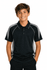 A polo shirt for kids in black with grey accents, featuring a collar and short sleeves. It has a logo on the chest.
