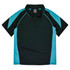 A black and teal polo shirt with a collar and a logo on the neck area. The shirt features contrasting side panels.